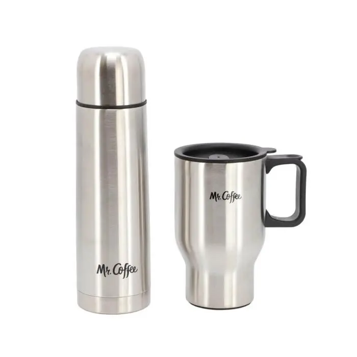 JUEGO DE BOTELLA TÉRMICA 15.5 OZ/458ML Y TAZA DE VIAJE 13.5 OZ /399 ML, COLOR ACERO RETENCIÓN DE CALOR Y FRÍO MR JAVELIN MOD. 142762.02