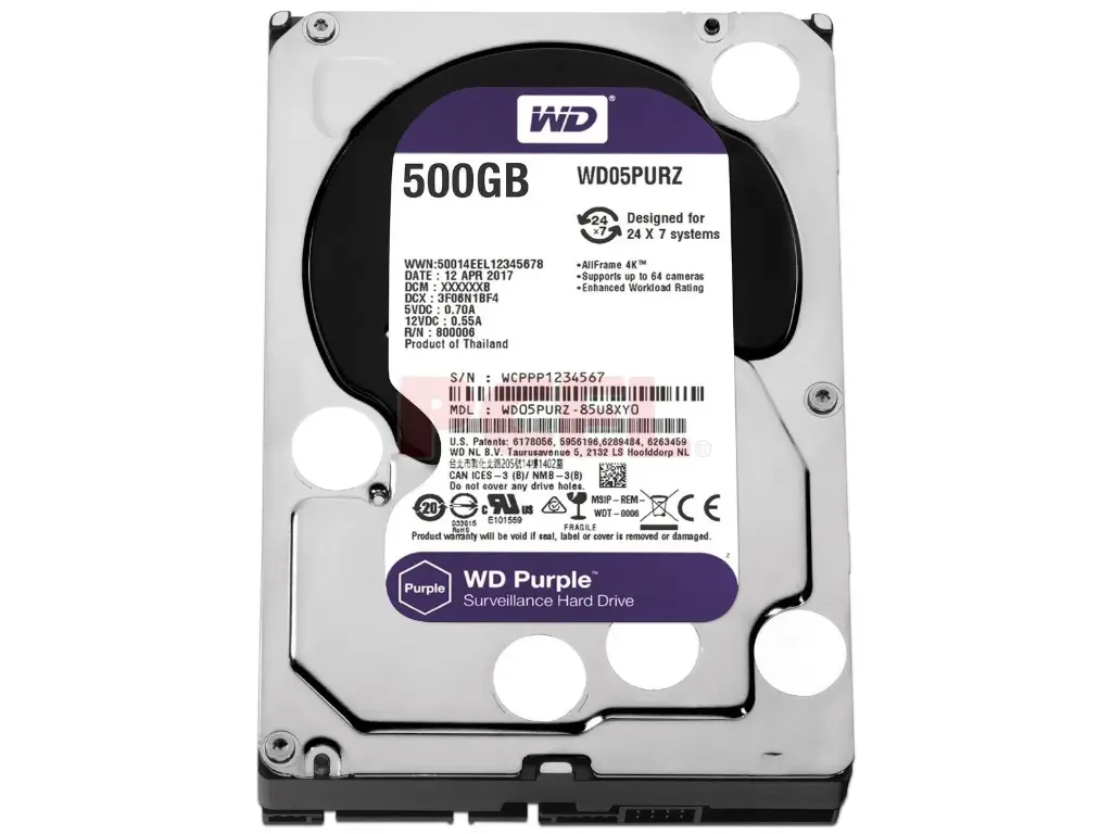 DISCO DURO WD PURPLE 500 GB - VIDEOVIGILANCIA, UNIDAD SATA 3.5” 5400 RPM, 6.0 GBPS, 64 MB DE CACHÉ. HDD05-RFB 