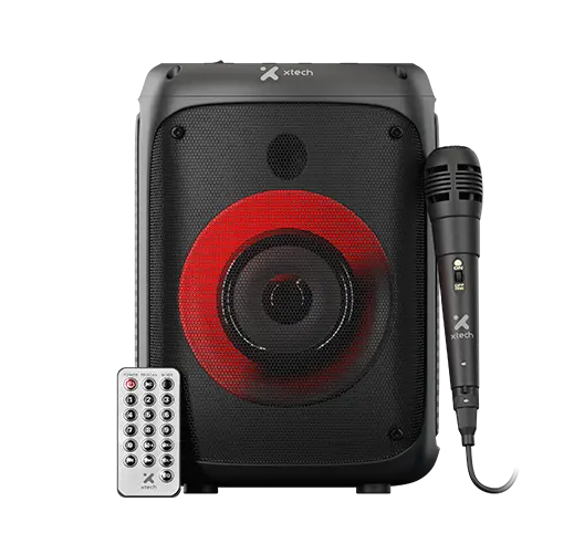 BOCINA XTECH CON MICROFONO Y CONTROL REMOTO BLUETOOTH CON LUCES LED COLOR NEGRO
